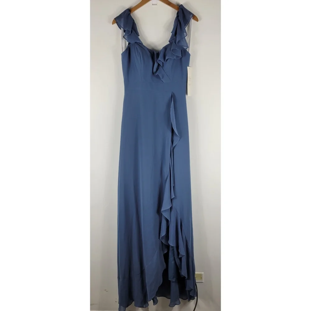 New Revelry Scarlet Chiffon Ruffle Off the Shoulder Faux Wrap Maxi Dress Tall - Picture 2 of 10